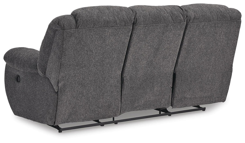 Ashley Furniture Foreside Reclining Sofa, view of back showing plush upholstery and reclining mechanism in a modern living room setting.
