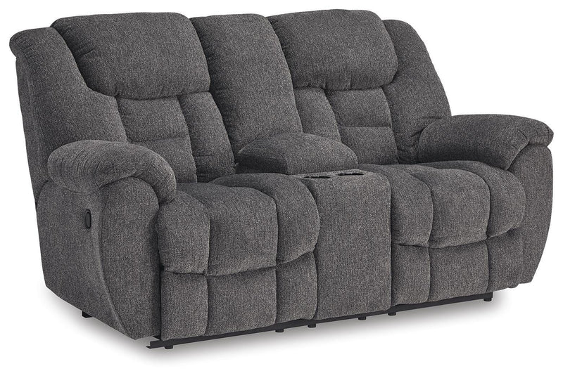Ashley Furniture Foreside Reclining Loveseat with Console, plush fabric, and built-in cup holders, viewed from an angle.