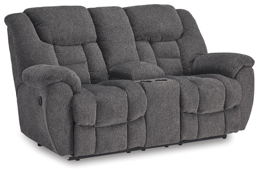 Ashley Furniture Foreside Reclining Loveseat with Console, plush fabric, and built-in cup holders, viewed from an angle.