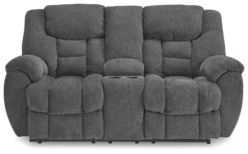 Ashley Furniture Foreside reclining loveseat with console, showing plush fabric and built-in cup holders from a front view.