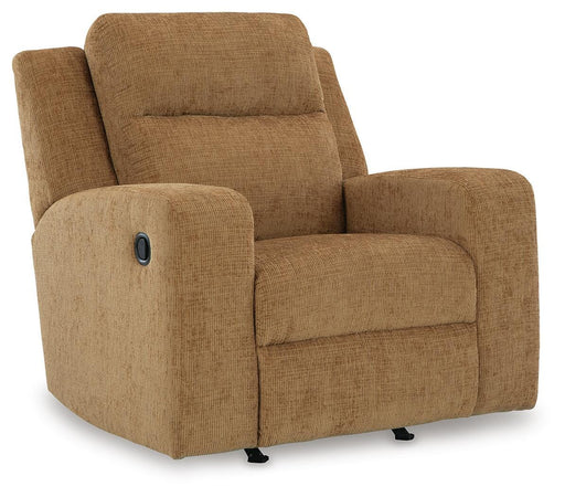 Ashley Furniture Kanlow Recliner in closed position, featuring plush upholstery and padded armrests for comfortable seating.