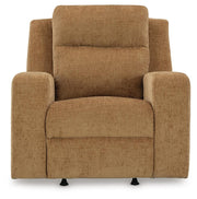 Ashley Furniture Kanlow recliner with plush cushioning and wood armrests, shown from a head-on view.