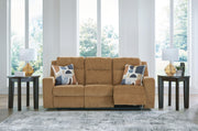 Ashley Furniture Kanlow reclining sofa with plush fabric, showing open position and comfortable seating.