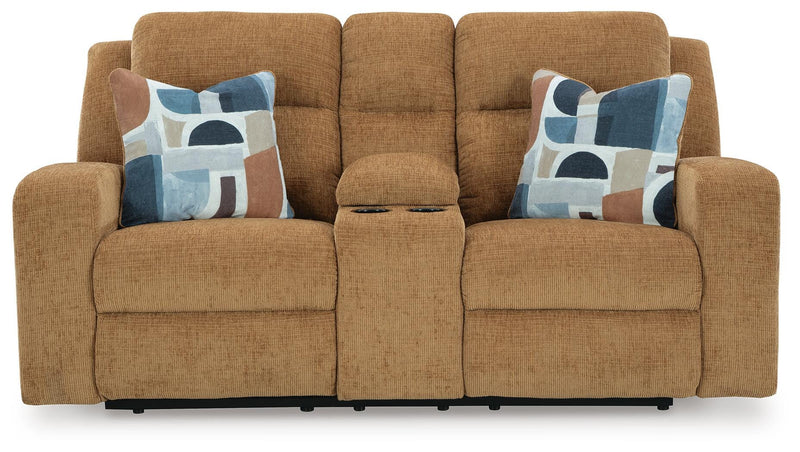 Ashley Furniture Kanlow reclining loveseat with built-in console, featuring plush fabric and padded armrests.