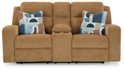 Ashley Furniture Kanlow reclining loveseat with built-in console, featuring plush fabric and padded armrests.