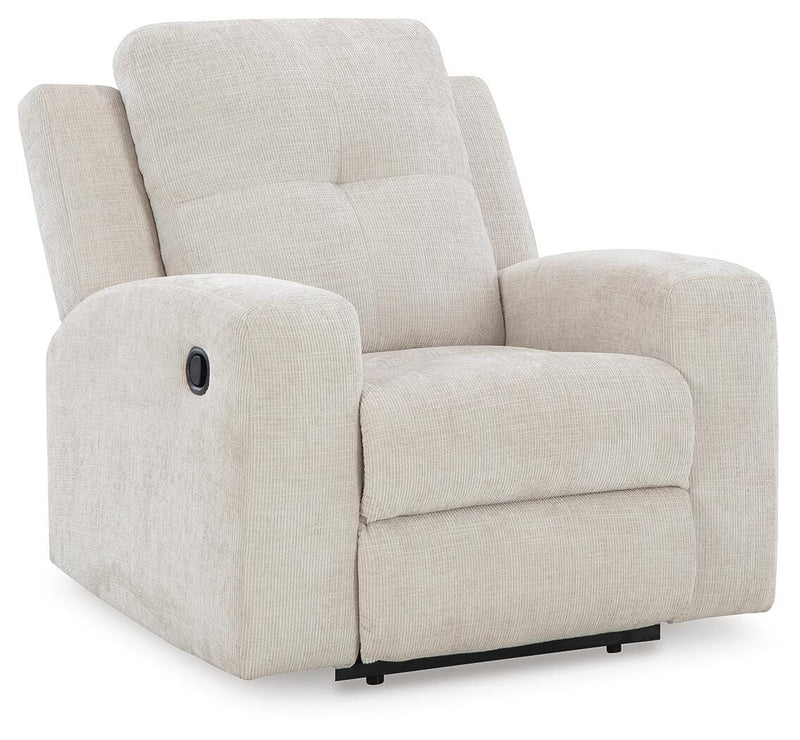 Ashley Furniture Danum recliner with plush fabric, shown in a closed position from an angled view.