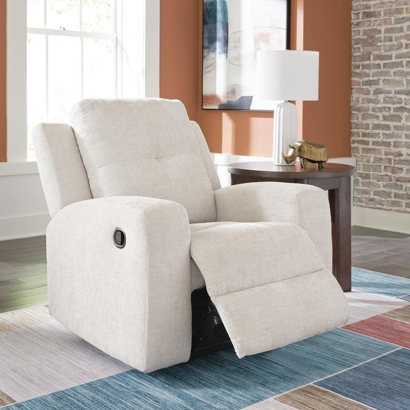 Open Ashley Furniture Danum Recliner showing plush fabric upholstery and reclining mechanism in a modern living room setting.