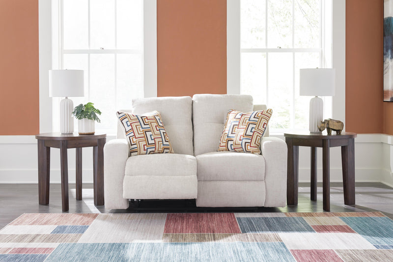Ashley Furniture Danum reclining loveseat with plush fabric and built-in recliners, open position showing comfortable seating.