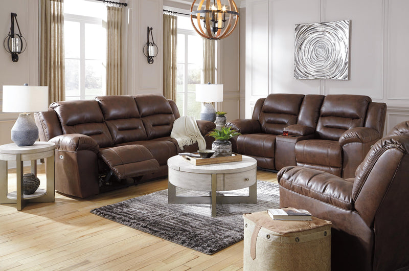 Ashley Furniture Stoneland living room set with sofa, loveseat, and armchair in a modern design.