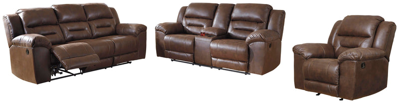 Ashley Furniture Stoneland living room set showing a modern sofa and loveseat with neutral upholstery and wooden accents.