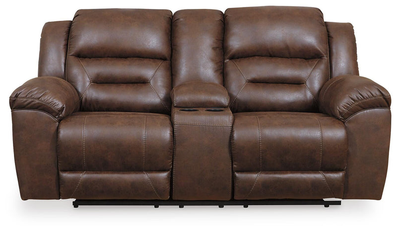 Ashley Furniture Stoneland living room set with sofa and loveseat in a modern design, featuring neutral fabric upholstery and stylish cushions.
