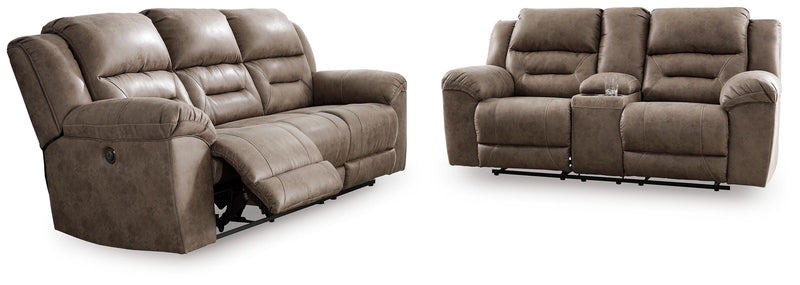 Ashley Furniture Stoneland living room set with open sectional sofa and matching cushions in a modern design.