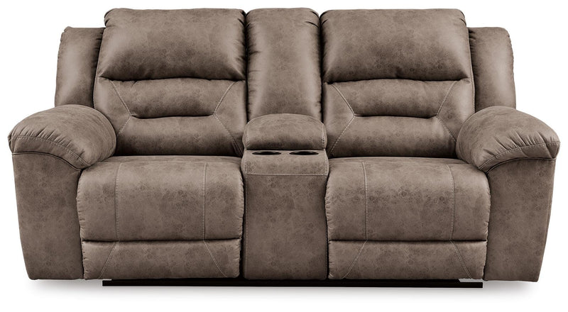 Ashley Furniture Stoneland living room set with sofa and armchair, featuring neutral fabric upholstery and modern design.