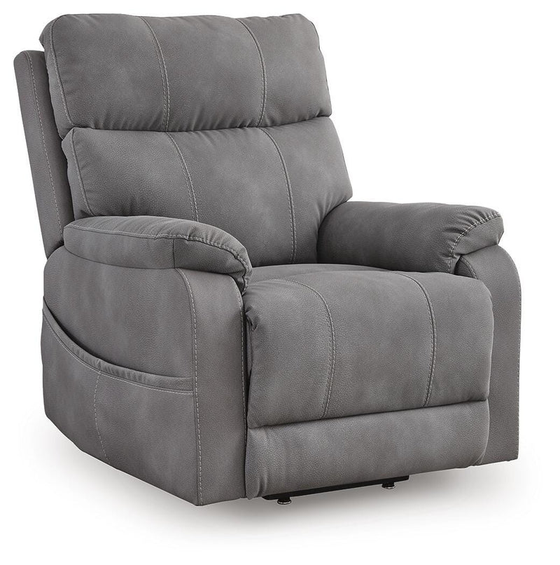 Ashley Furniture Next-Gen Durapella Power Lift Recliner with plush cushioning and a closed-angle view, showcasing its comfortable design.