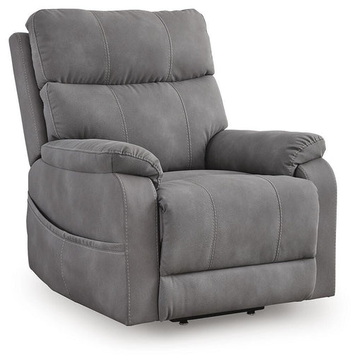 Ashley Furniture Next-Gen Durapella Power Lift Recliner with plush cushioning and a closed-angle view, showcasing its comfortable design.