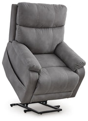 Ashley Furniture Next-Gen Durapella Power Lift Recliner with plush seating and adjustable reclining feature, shown from an upward angle.
