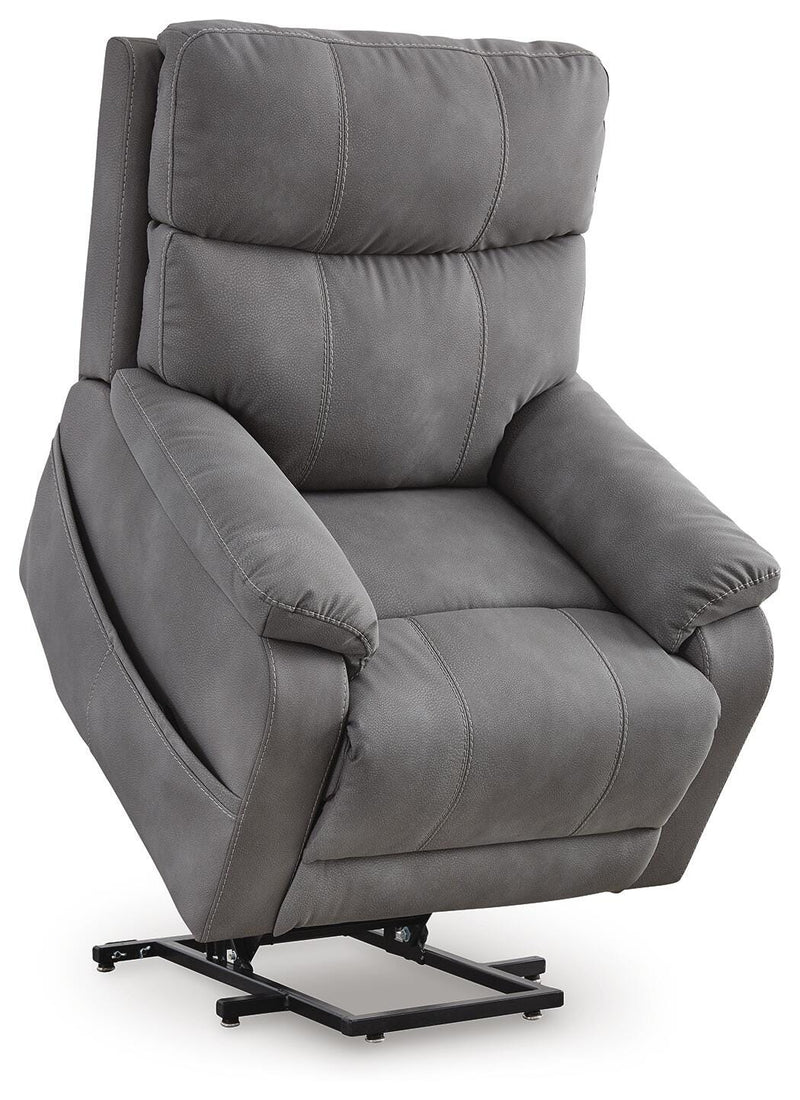 Ashley Furniture Next-Gen Durapella Power Lift Recliner with plush seating and adjustable reclining feature, shown from an upward angle.