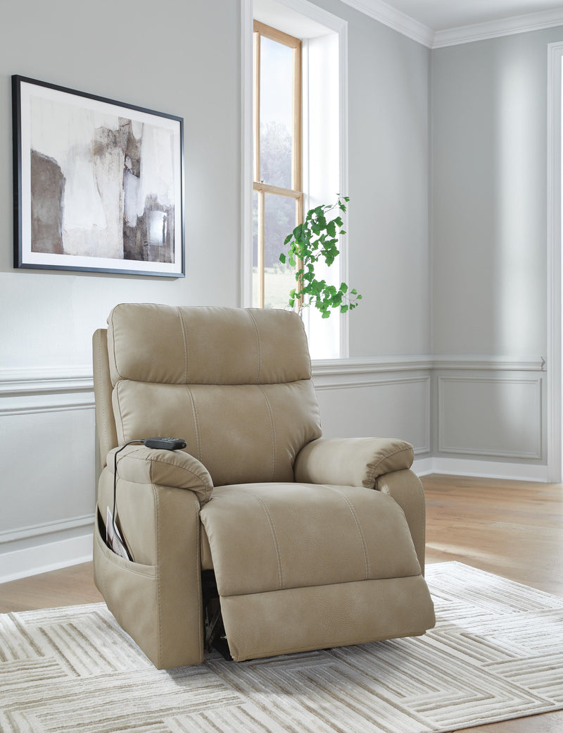 Ashley Furniture Next-Gen Durapella Power Lift Recliner in open position showing plush cushions and powered lifting mechanism.