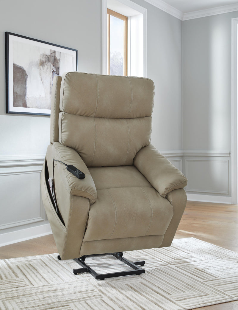 Ashley Furniture Next-Gen Durapella Power Lift Recliner with plush cushioning and ergonomic design, shown from an upward angle.