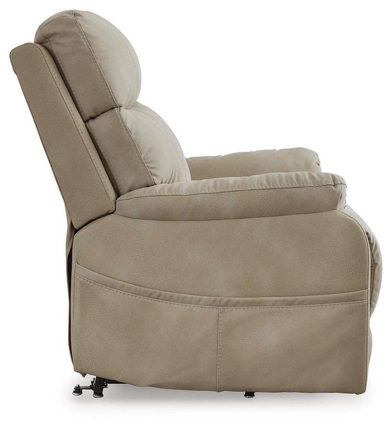 Ashley Furniture Next-Gen Durapella Power Lift Recliner with plush upholstery and padded armrests, shown from side view.