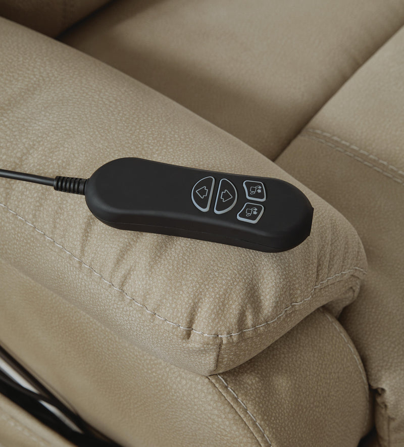Ashley Furniture Next-Gen Durapella Power Lift Recliner with plush fabric and ergonomic design, shown in a close-up detail shot