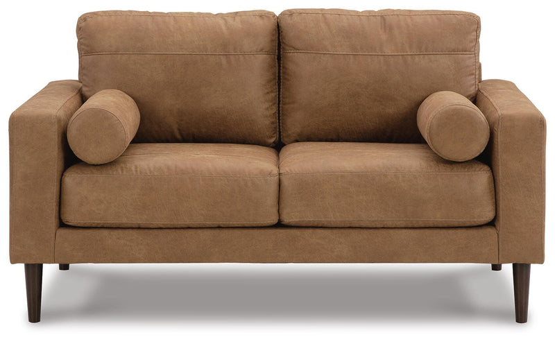 Ashley Furniture Telora living room set with sofa and loveseat featuring modern design and plush cushions, viewed head-on.