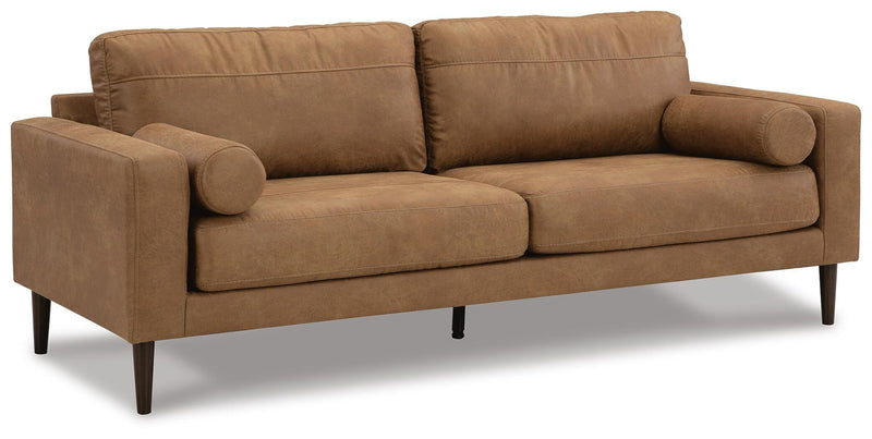 Ashley Furniture Telora living room set with sofa and loveseat in a modern design, shown from an angled side view.