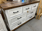 Wimberley 5-piece farmhouse queen bedroom set by Monterrey Furniture, featuring a bed, dresser, mirror, nightstands, and rustic decor