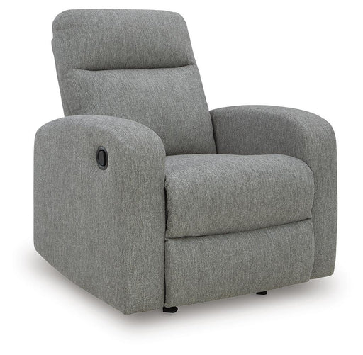 Ashley Furniture Gauntlet recliner in closed position, showcasing plush fabric upholstery and cushioned armrests.