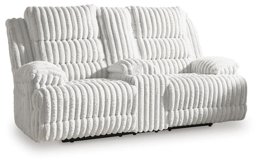 Ashley Furniture Rhines Falls power reclining loveseat with console, featuring plush upholstery and built-in cupholders, angled view.