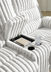 Ashley Furniture Rhines Falls power reclining loveseat with console, featuring plush upholstery and built-in cup holders.