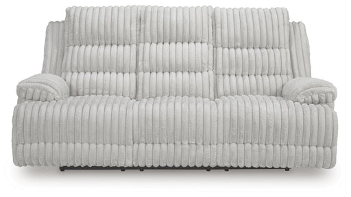 Ashley Furniture Rhines Falls power reclining sofa with drop-down table, shown in closed position with head-on view.