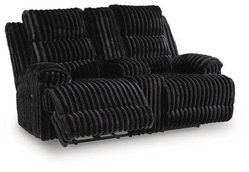 Ashley Furniture Rhine Falls reclining loveseat with console, shown in an open position with plush upholstery and built-in cup holders.