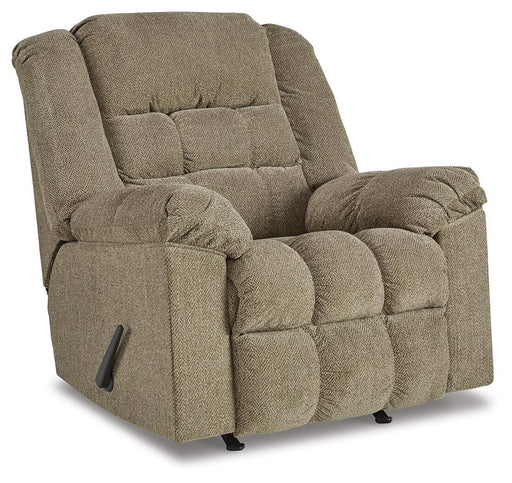 Ashley Furniture Kegler Recliner in dark brown fabric, shown from an angle with closed reclining mechanism and plush cushioning.