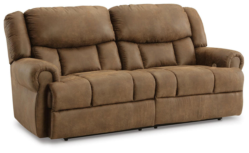 Ashley Furniture Boothbay power reclining sofa shown from an angle, featuring plush cushions and a sleek, modern design.