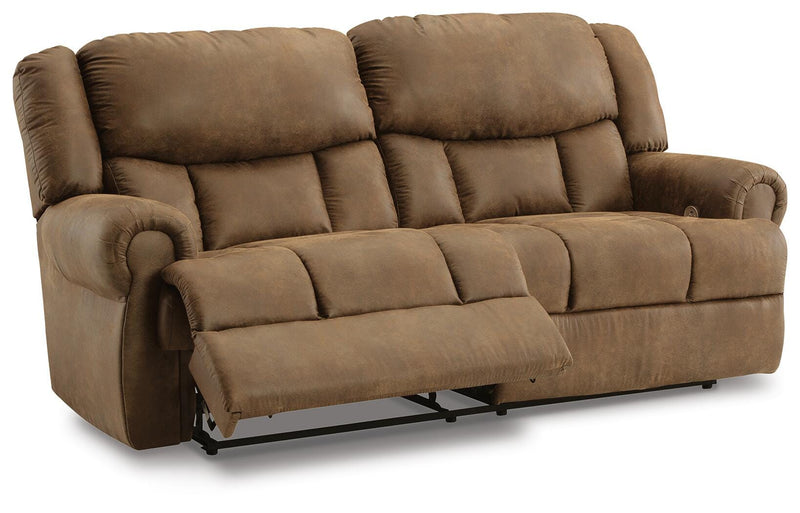 Ashley Furniture Boothbay Power Reclining Sofa shown from an open angle, featuring plush cushions and dark upholstery.