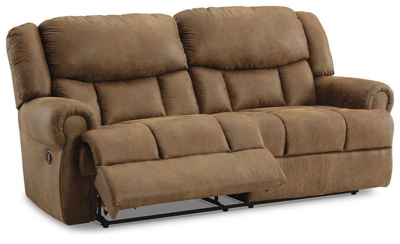 Ashley Furniture Boothbay reclining sofa shown from an angle with open seats, plush cushions, and a neutral fabric finish.