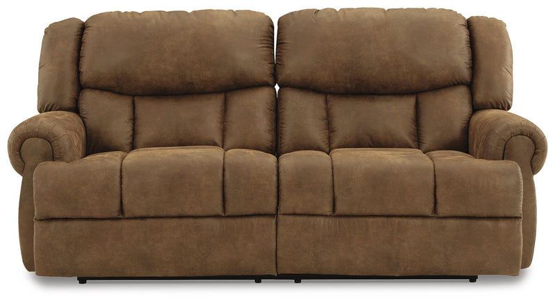 Ashley Furniture Boothbay reclining sofa shown from head-on view, featuring plush cushions and a reclining mechanism.