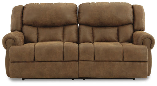Ashley Furniture Boothbay reclining sofa shown from head-on view, featuring plush cushions and a reclining mechanism.