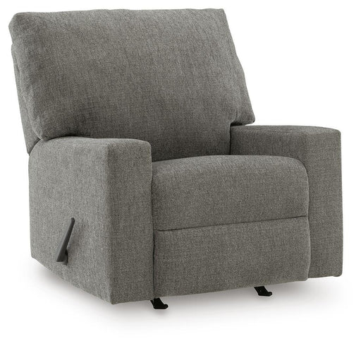 Ashley Furniture Clarington recliner showing closed position with plush upholstery and wood accents, angled view.