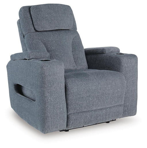 Ashley Furniture Studio Cave Power Recliner in dark gray fabric, featuring a plush cushioned seat and modern design.