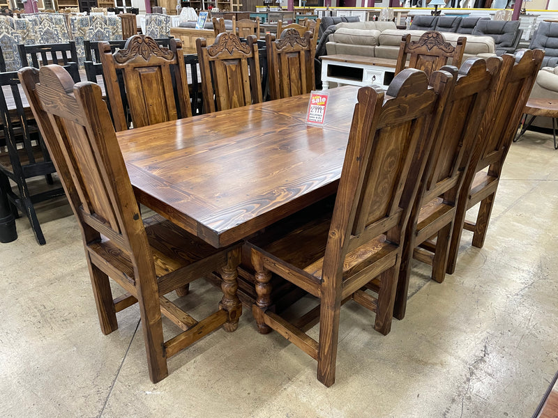 Reclaimed Wood 9-Piece Dining Set with Carved Chairs