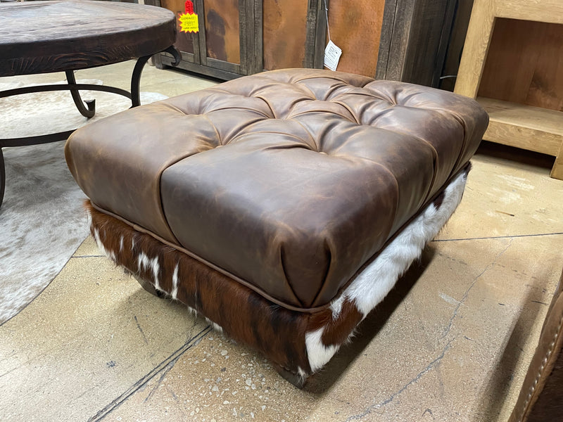 Bovine New Zealand Leather and Cowhide Tufted Ottoman by Mayo Furniture