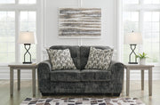 Ashley Furniture Lonoke living room set with sofa, loveseat, and armchair in a modern fabric design.