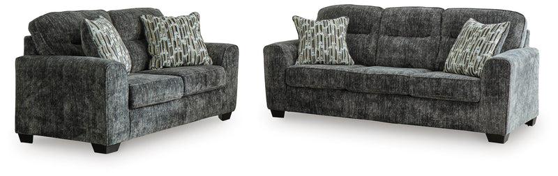 Ashley Furniture Lonoke living room set with sofa and armchairs, featuring plush beige upholstery and modern design.