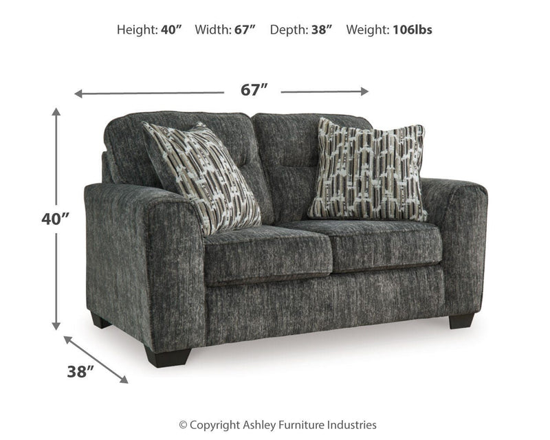 Ashley Furniture Lonoke living room set with sofa and loveseat, featuring neutral upholstery and wooden legs.