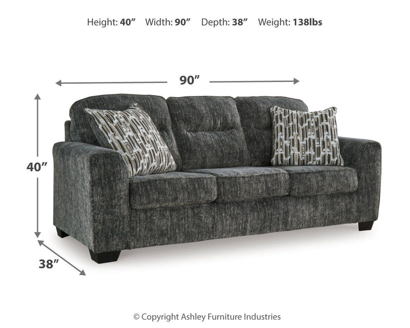 Ashley Furniture Lonoke living room set with sofa and loveseat in a modern design, featuring neutral upholstery and wooden legs.