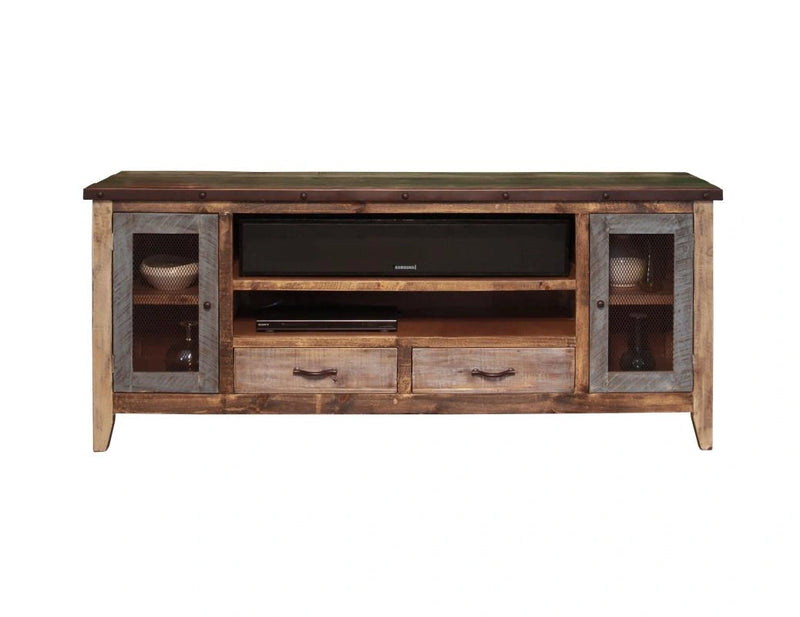 Antique Multicolor 76"TV Stand w/2 drawers and 2 iron mesh doors