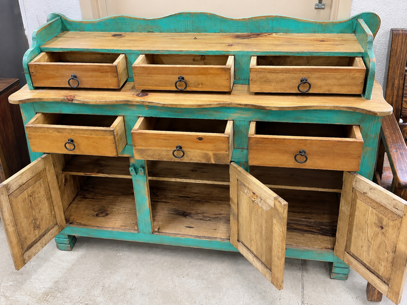 Turquoise Distressed Pine Wood Buffet