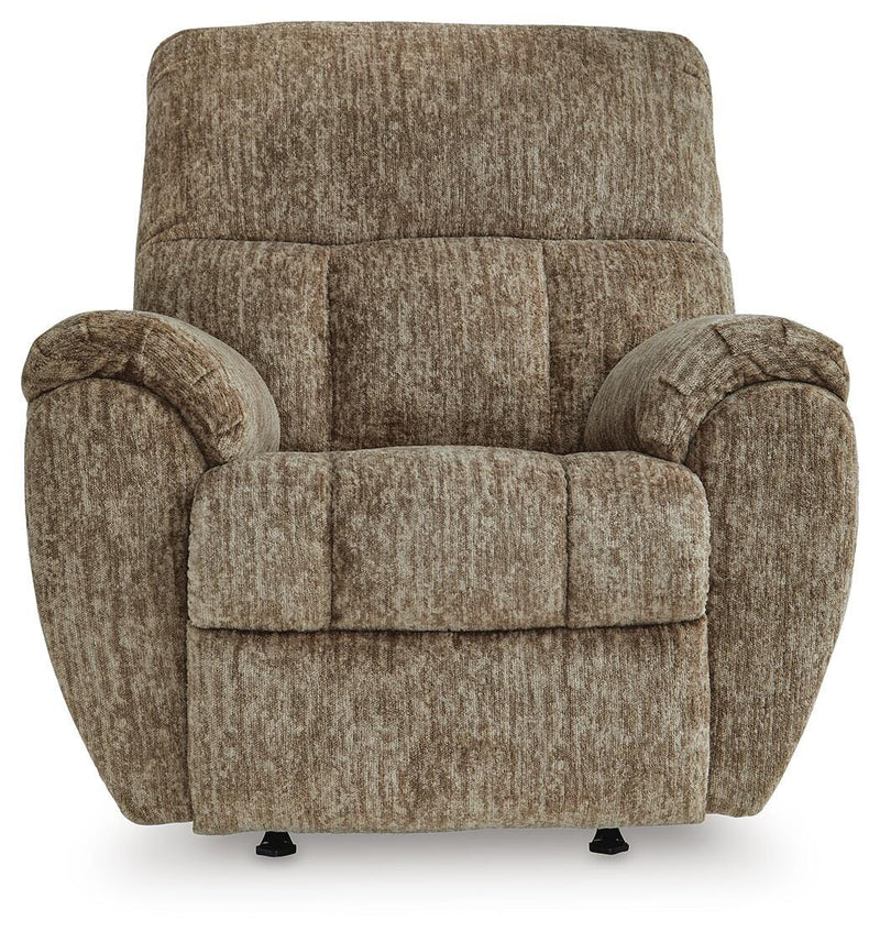 Ashley Furniture Stayfish Recliner with plush cushioning and wooden legs, shown from a head-on view.